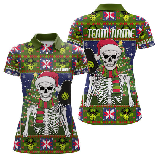 Funny Custom Ugly Sweater Pattern Skull Christmas Pickleball Polo Shirts For Women IPHW8087