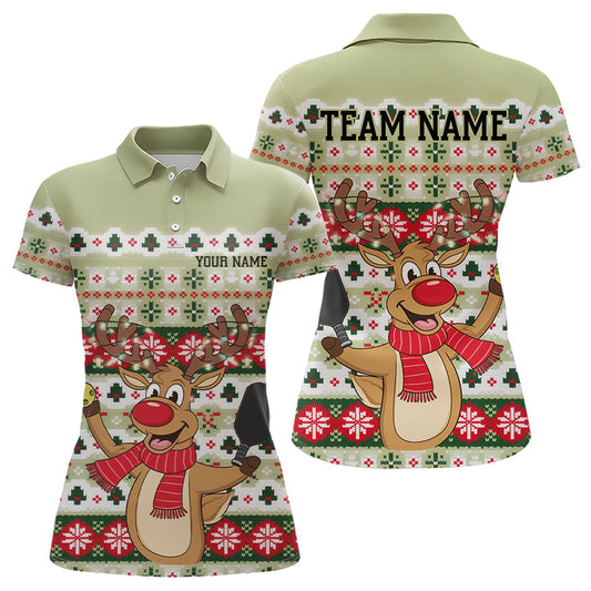 Custom Funny Christmas Reindeer Pickleball Polo Shirts For Women, Xmas Pickleball Outfit IPHW8089