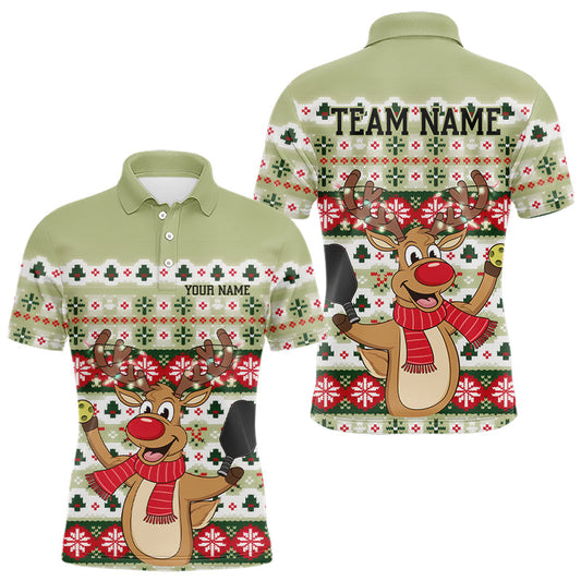 Custom Funny Christmas Reindeer Pickleball Polo Shirts For Men, Xmas Pickleball Outfit IPHW8089
