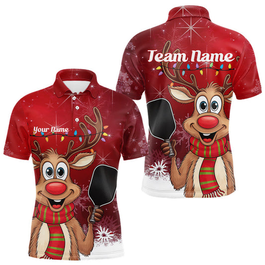Custom Funny Christmas Reindeer Pickleball Polo Shirts For Men, Xmas Pickleball Outfit IPHW8096