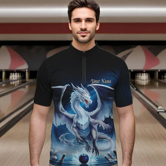 Custom Blue Ice Dragon Bowling Quarter-Zip Shirts For Men, Dragon Bowling League Shirt IPHW8301