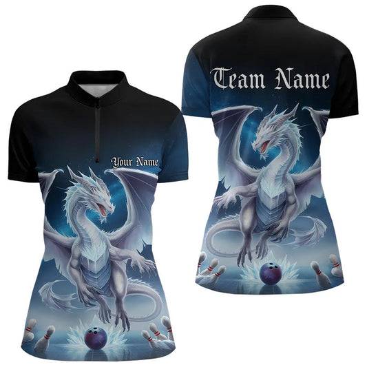 Custom Blue Ice Dragon Bowling Quarter-Zip Shirts For Women, Dragon Bowling League Shirt IPHW8301