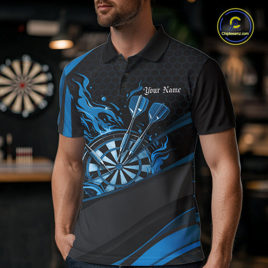 Custom Blue Fire Flame Dartboard Darts Team Men Polo Shirts, Dart League Shirts IPHW10379