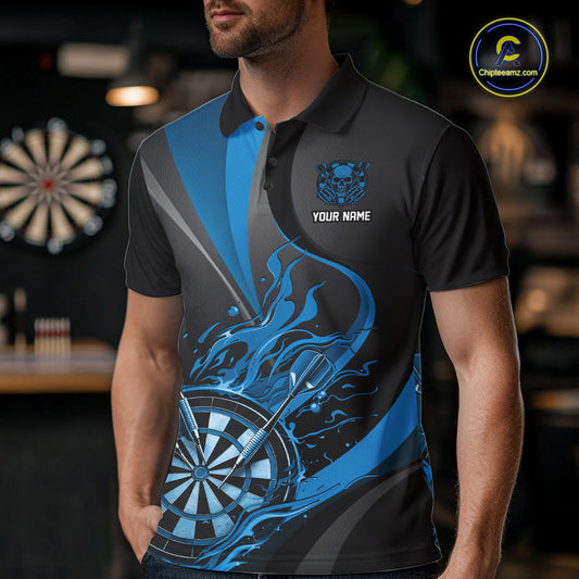 Custom Black And Blue Flame Dartboard Darts Team Men Polo Shirts, Darts Jerseys IPHW10382