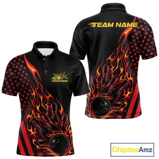 Front and back view of a black men’s bowling polo shirt showcasing a red and orange flaming bowling ball striking pins with a patriotic American flag theme.