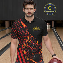 Load image into Gallery viewer, Male model at a bowling lane wearing a black bowling polo shirt with red-orange flame bowling strike artwork and patriotic graphics.