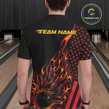 Load image into Gallery viewer, Back view of a male model in a bowling alley wearing a black polo shirt featuring a fiery bowling action scene with American flag accents.