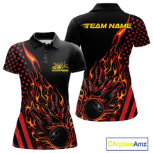 Load image into Gallery viewer, Front and back display of a black women’s bowling polo shirt featuring a red and orange flaming bowling ball striking pins with patriotic American flag accents.