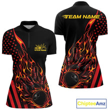 Load image into Gallery viewer, Front and back mockup of a black women’s bowling quarter-zip shirt showcasing a red and orange flaming bowling ball striking pins with patriotic graphics.