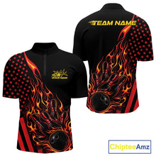 Load image into Gallery viewer, Front and back display of a black men’s bowling quarter-zip shirt showcasing a red and orange flaming bowling ball striking pins with patriotic American flag accents.