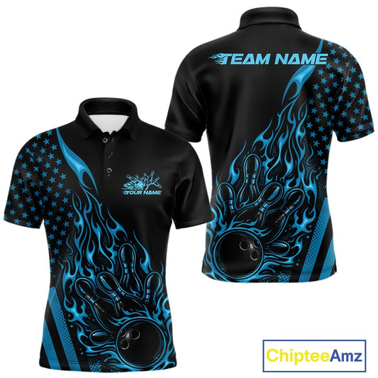 Front and back display of a black men’s bowling polo shirt featuring a blue flaming bowling ball striking pins with a patriotic American flag theme.