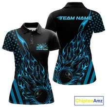 Load image into Gallery viewer, Front and back view of a black women’s bowling polo shirt showcasing a blue flaming bowling ball striking pins with a patriotic American flag theme.