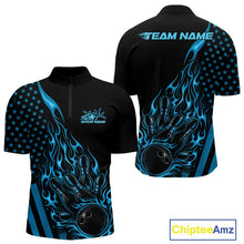 Load image into Gallery viewer, Front and back mockup of a black men’s bowling quarter-zip shirt featuring a blue flaming bowling ball striking pins with a patriotic American flag theme.