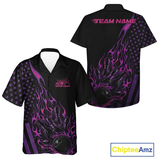 Front and back display of a black button-up bowling shirt featuring a pink and purple flaming bowling ball striking pins with patriotic accents.