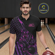 Load image into Gallery viewer, Male model at a bowling lane wearing a black bowling polo shirt with pink and purple flame bowling artwork and patriotic graphics.