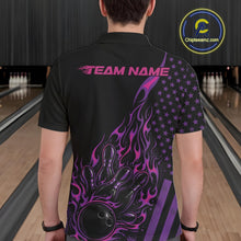 Load image into Gallery viewer, Back view of a male model in a bowling center wearing a black polo shirt showcasing a colorful flaming bowling strike scene.