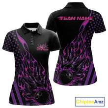 Load image into Gallery viewer, Front and back mockup of a black women’s bowling polo shirt featuring a pink and purple flaming bowling ball striking pins with patriotic graphics.