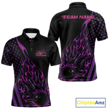 Load image into Gallery viewer, Front and back mockup of a black men’s bowling polo shirt featuring a pink and purple flaming bowling ball striking pins with American flag elements.