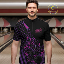Load image into Gallery viewer, Male model at a bowling lane wearing a black bowling quarter-zip shirt with pink and purple flame bowling artwork and American flag accents.