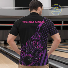 Load image into Gallery viewer, Front view of a male model in a bowling center wearing a black quarter-zip shirt featuring a colorful flaming bowling strike scene.