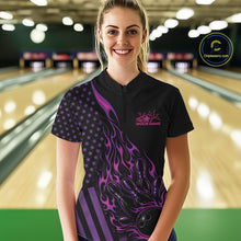 Load image into Gallery viewer, Female model at a bowling lane wearing a black bowling quarter-zip shirt with pink and purple flame bowling strike artwork and American flag accents.