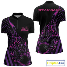 Load image into Gallery viewer, Front and back view of a black women’s bowling quarter-zip shirt featuring a pink and purple flaming bowling ball striking pins with patriotic styling.