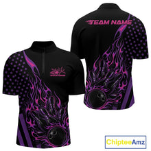 Load image into Gallery viewer, Front and back view of a black men’s bowling quarter-zip shirt showcasing a pink and purple flaming bowling ball striking pins with patriotic styling.