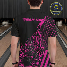 Load image into Gallery viewer, Back view of a male model in a bowling venue wearing a black polo shirt featuring a pink flaming bowling ball hitting the pins.