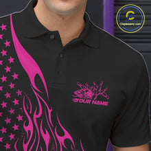 Load image into Gallery viewer, Close-up left chest detail of a black bowling polo shirt featuring a pink flaming bowling strike graphic with patriotic accents.