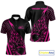 Load image into Gallery viewer, Front and back view of a black men’s bowling polo shirt showcasing a pink flaming bowling ball striking pins with patriotic American flag artwork.