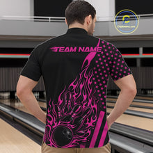 Load image into Gallery viewer, Front view of a male model in a bowling venue wearing a black quarter-zip shirt featuring a pink flaming bowling ball and pin graphics.