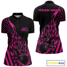 Load image into Gallery viewer, Front and back mockup of a black women’s bowling quarter-zip shirt showcasing a pink flaming bowling ball striking pins with an American flag theme.