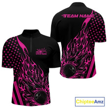 Load image into Gallery viewer, Front and back display of a black men’s bowling quarter-zip shirt featuring a pink flaming bowling ball striking pins with an American flag theme.