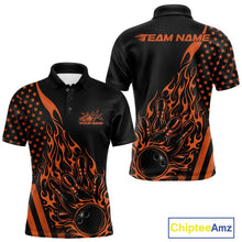 Load image into Gallery viewer, Front and back display of a black men’s bowling polo shirt featuring an orange flaming bowling ball striking pins with a patriotic American flag theme.