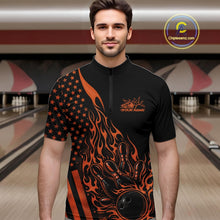 Load image into Gallery viewer, Male model at a bowling lane wearing a black bowling quarter-zip shirt with orange flame bowling strike artwork and patriotic graphics.