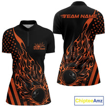 Load image into Gallery viewer, Front and back view of a black women’s bowling quarter-zip shirt featuring an orange flaming bowling ball striking pins with a patriotic American flag theme.