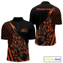 Load image into Gallery viewer, Front and back mockup of a black men’s bowling quarter-zip shirt featuring an orange flaming bowling ball striking pins with a patriotic American flag theme.