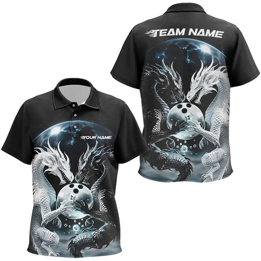 Black And White Dragon Custom Bowling Polo Shirts For Kid, Dragon Bowling League Shirt IPHW7064