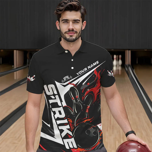 Custom Black And Red Flame Strike Bowling Polo Shirts For Men, Strike Bowling Jerseys IPHW8312