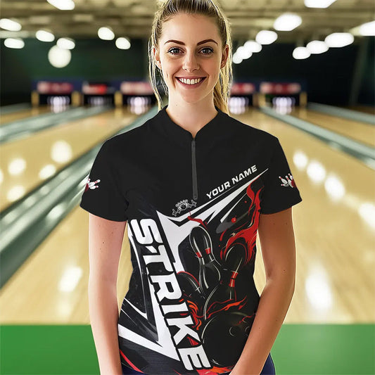 Custom Black And Red Flame Strike Womens Bowling Quarter-Zip Shirts, Strike Bowling Jerseys IPHW8312