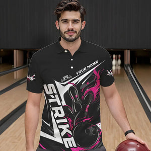 Custom Black And Pink Flame Strike Bowling Polo Shirts For Men, Strike Bowling Jerseys IPHW8314