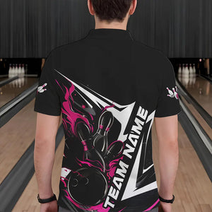 Custom Black And Pink Flame Strike Bowling Polo Shirts For Men, Strike Bowling Jerseys IPHW8314