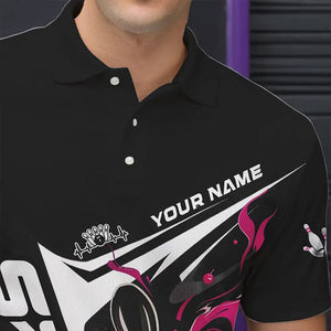 Custom Black And Pink Flame Strike Bowling Polo Shirts For Men, Strike Bowling Jerseys IPHW8314