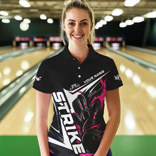 Load image into Gallery viewer, Custom Black And Pink Flame Strike Bowling Polo Shirts For Women, Strike Bowling Jerseys IPHW8314