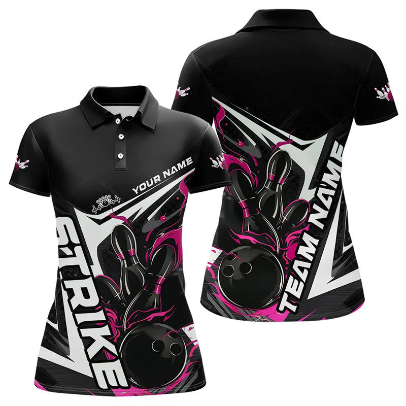 Custom Black And Pink Flame Strike Bowling Polo Shirts For Women, Strike Bowling Jerseys IPHW8314