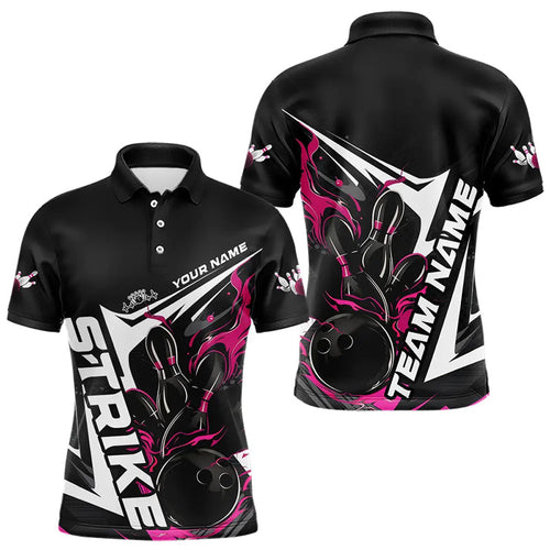 Custom Black And Pink Flame Strike Bowling Polo Shirts For Men, Strike Bowling Jerseys IPHW8314