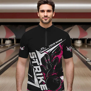 Custom Black And Pink Flame Strike Bowling Quarter-Zip Shirts For Men, Strike Bowling Jerseys IPHW8314