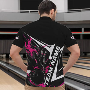 Custom Black And Pink Flame Strike Bowling Quarter-Zip Shirts For Men, Strike Bowling Jerseys IPHW8314