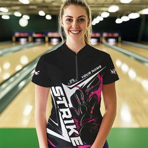 Custom Black And Pink Flame Strike Womens Bowling Quarter-Zip Shirts, Strike Bowling Jersey IPHW8314