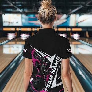 Custom Black And Pink Flame Strike Womens Bowling Quarter-Zip Shirts, Strike Bowling Jersey IPHW8314